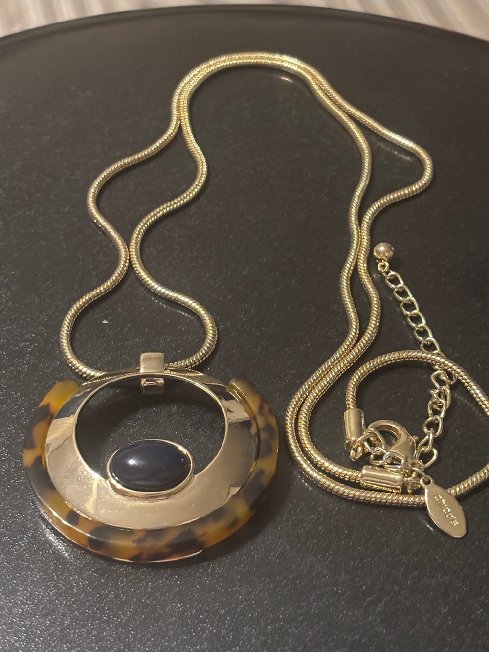 Chico's Gold-Tone Tortoiseshell Pendant Necklace with Black Stone
